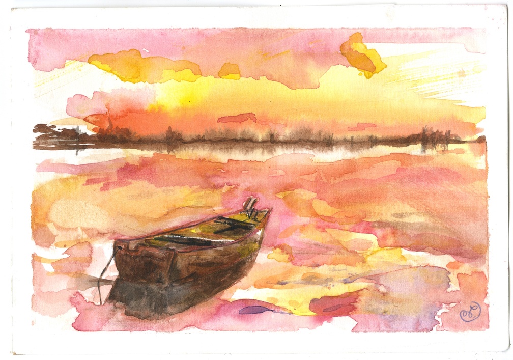 aquarelle-@celine creze-007-barque-coucher de soleil-1200px-web-R